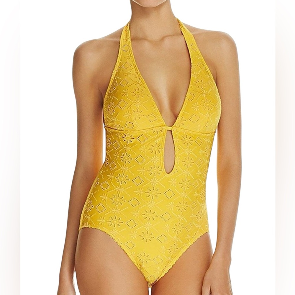 Kate Spade New York Halter One Piece Swimsuit Saffron Yellow Embroidered Size M